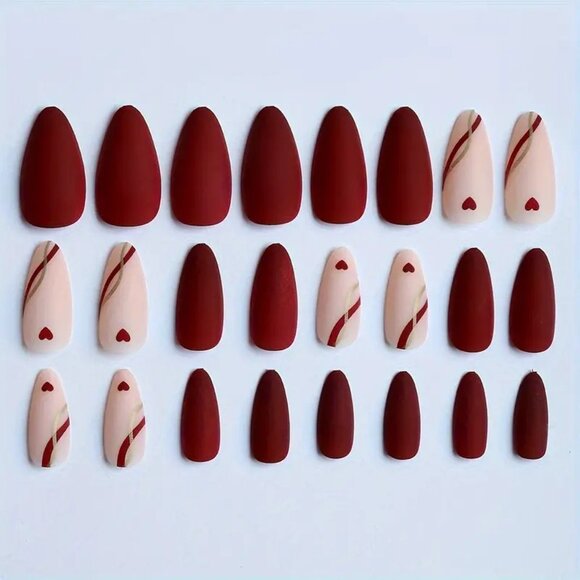 Fake Nails 24  Press On Style Red Hearts Swirl Glam Sexy Trendy Stylish Silver - Picture 2 of 4